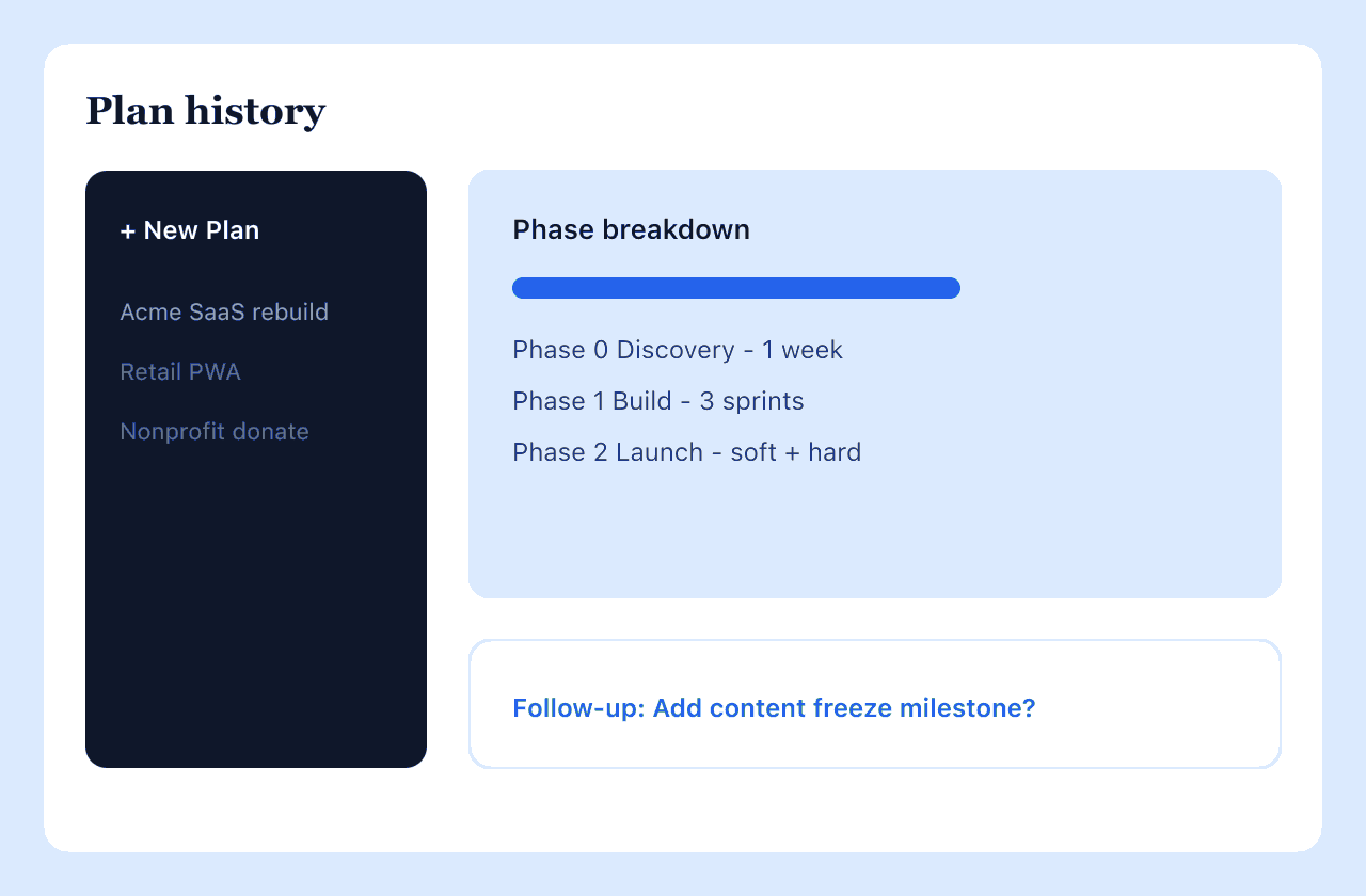Planwise New Plan chat with phases and milestones from a client brief